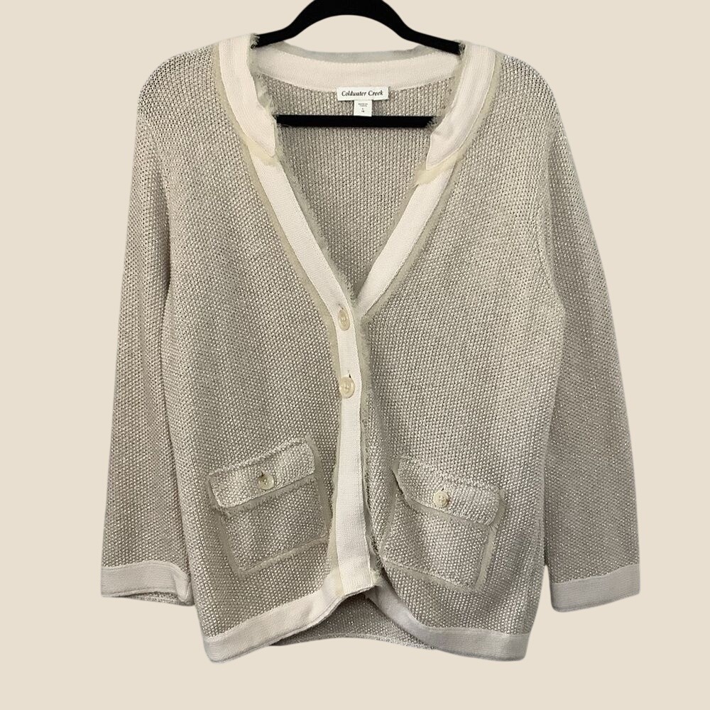 Coldwater‎ Creek Cream Sweater Large Cottagecore Fisherman Neutral Sparkle Knit
